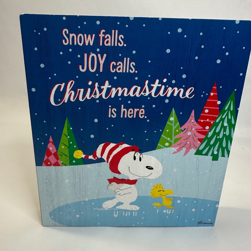 Hallmark Peanuts Snoopy Woodstock Christmas Wood Block Sign‎ 9.5x11 Ice Skating